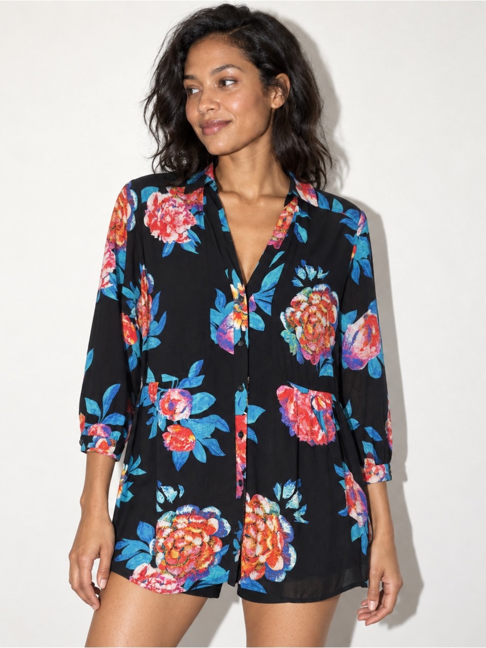 Maeve Anthropologie Black Floral Button Front Tunic Dress Size 6